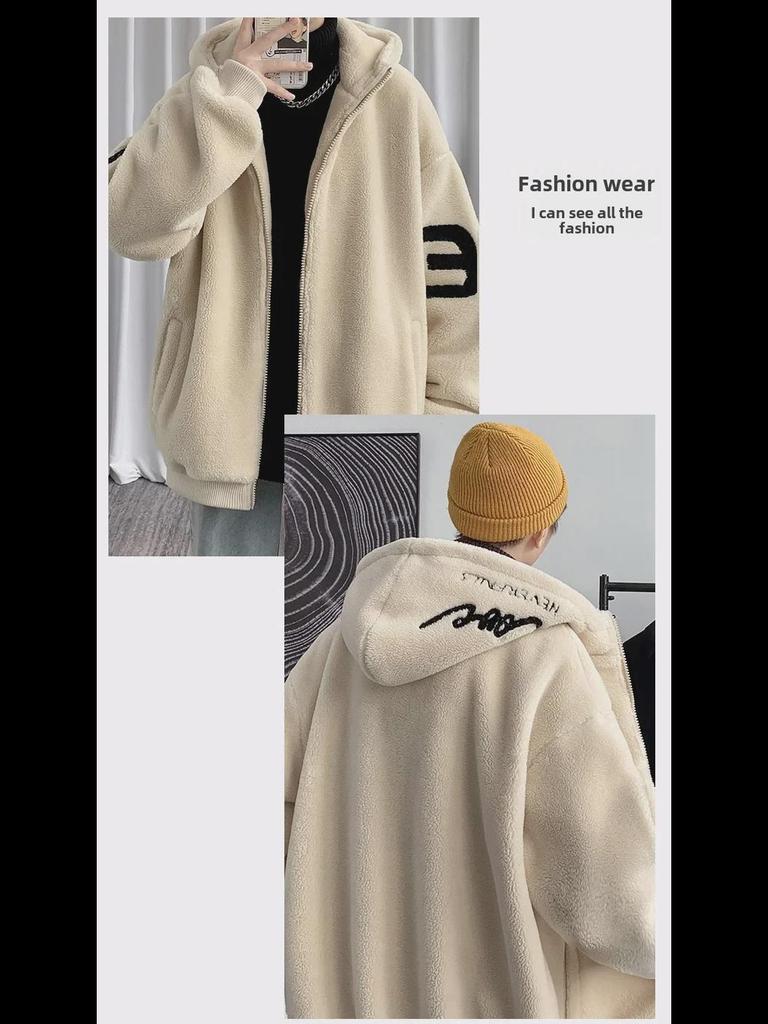 Men's Trendy Hooded Lamb Wool Coat - Thick, Loose, Plush Winter Jacket