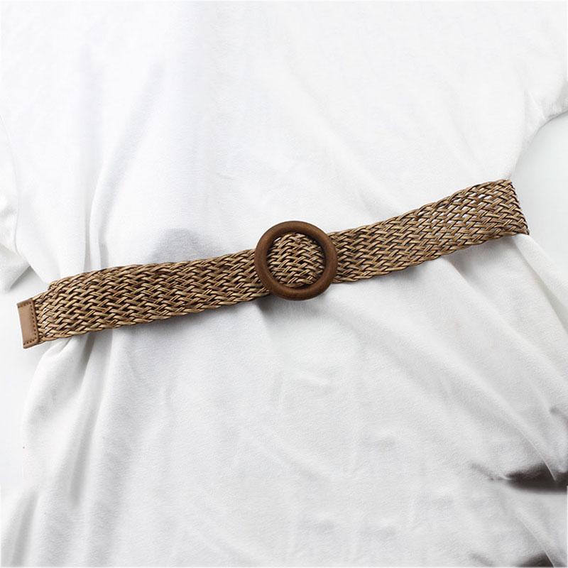 Summer Wide Braided Belt Women Woven Straw Belt with Round Wooden Buckle Waist Belt