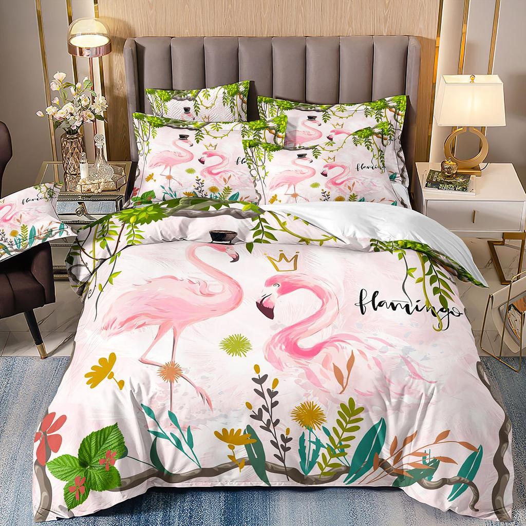 Flamingo Three-Piece 3D Printed Parrot Toucan And Tropical Flower Quilt Cover Pillowcase Bedding