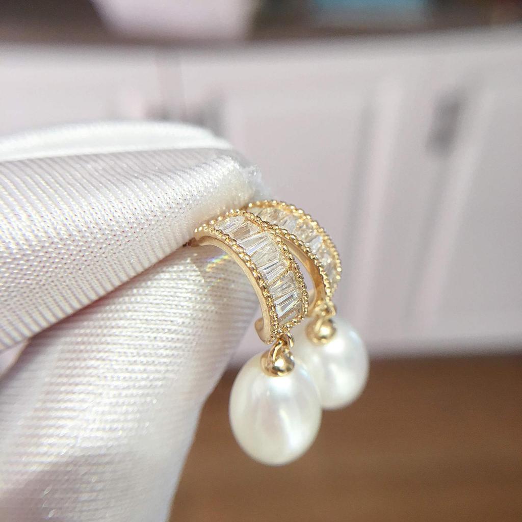 SHDIYAYUN S925 Pure Silver Needle Zircon Rice Shape Freshwater Pearl Earrings Natural Freshwater Pearls