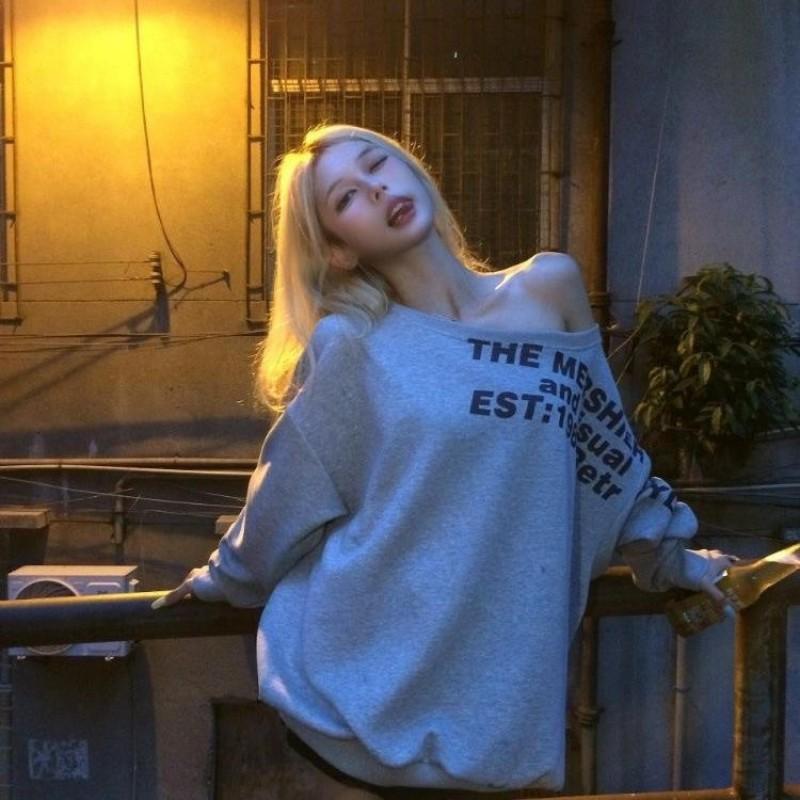 Womens Vintage Letter Embroidery Sweatshirt Off Shoulder Long Sleeve Loose Streetwear Teens Youth