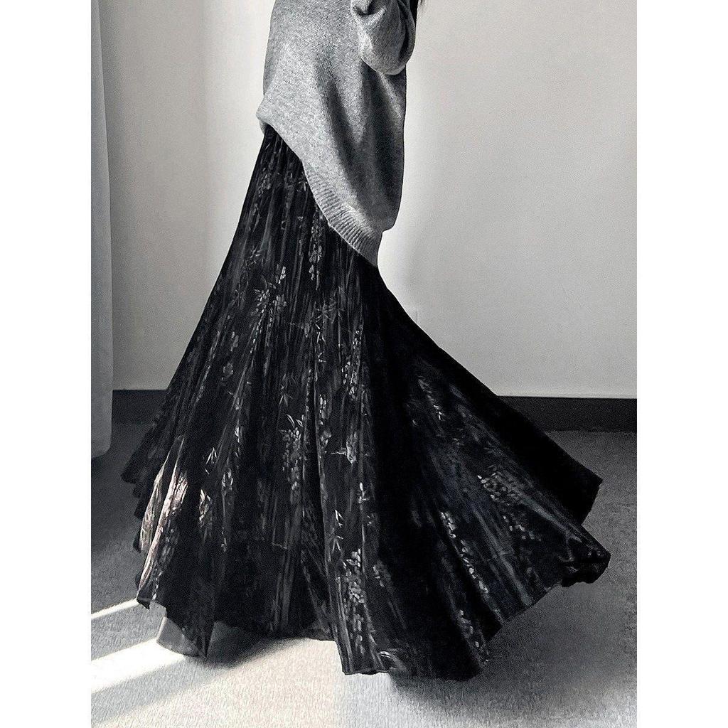 Элегантная бархатная юбка-рыбка в китайском стиле - Мода Осень/Зима с высокой талией и широким подолом