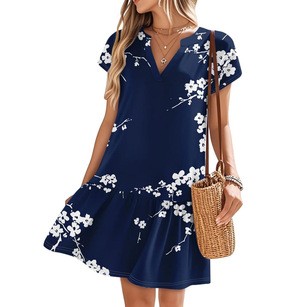 Женские платья с коротким рукавом и V-образным вырезом с цветочным принтом Свободные повседневные пляжные платья в стиле темперамент