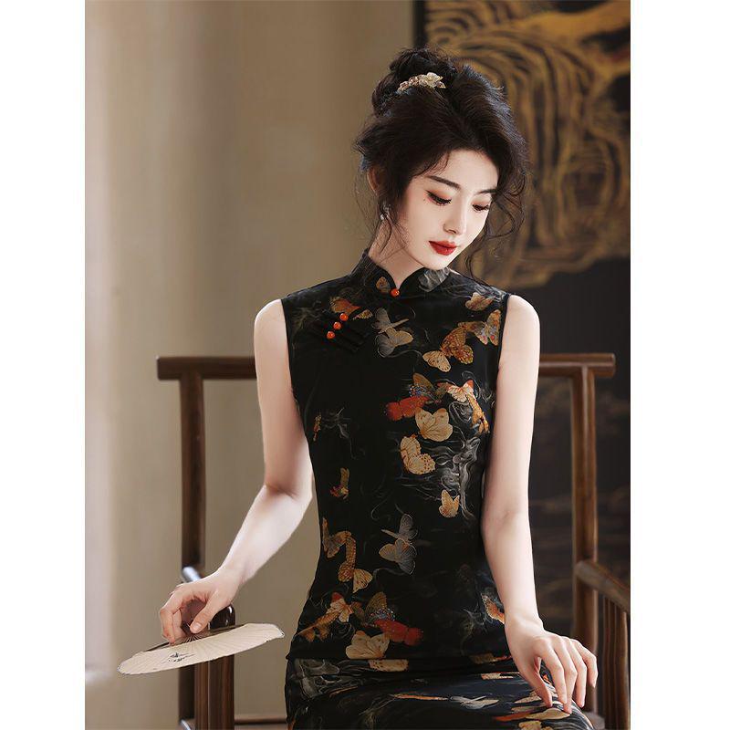2024 Black Summer Cheongsam Set: Retro Shanghai Sleeveless Style
