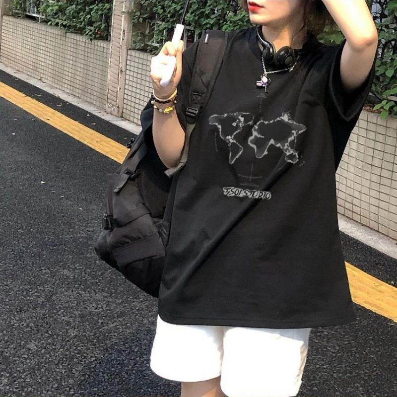 Летняя женская футболка большого размера с принтом, хлопковая студенческая корейская версия свободной футболки с короткими рукавами