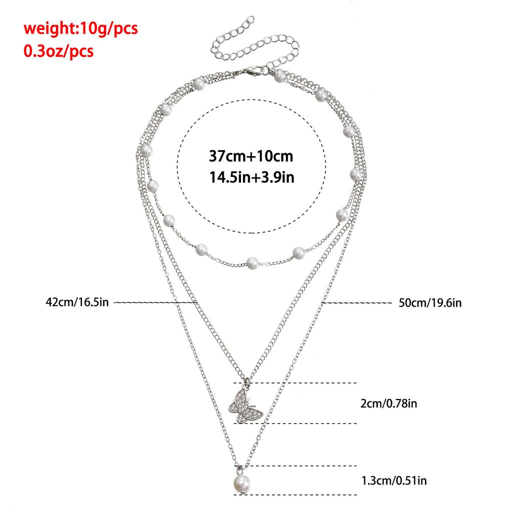 Stylish multi-layer imitation pearl creative diamond-encrusted butterfly necklace, retro collarbone stacked necklace