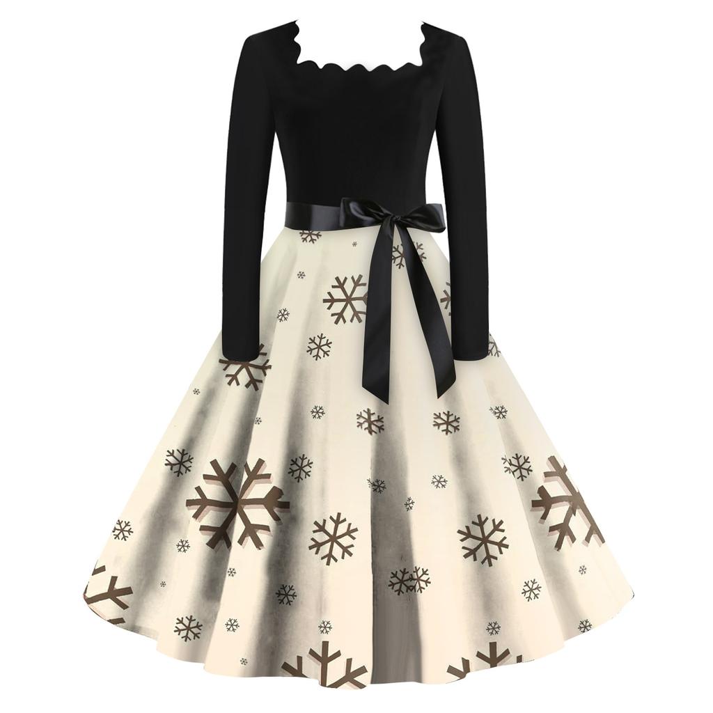 Женские рождественские повседневные модные винтажные платья с квадратным вырезом и длинными рукавами с принтом