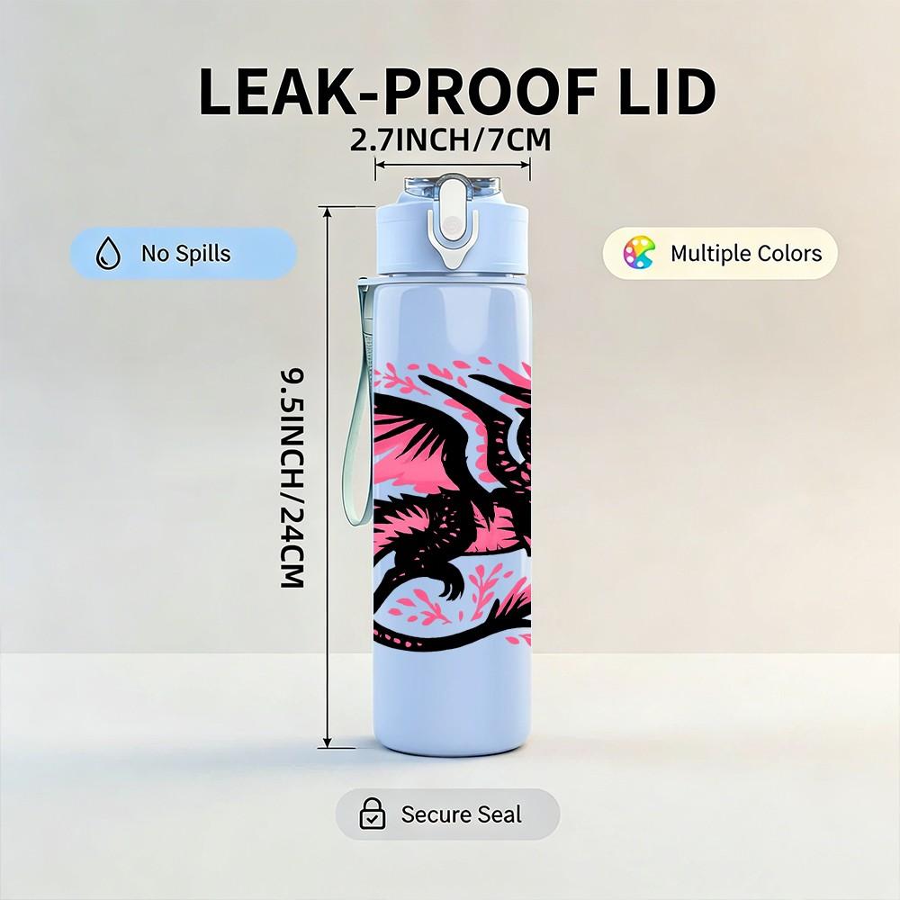 1PC Pink Black Dragon Art 750ml Color Plastic Sports Water Bottle Leakproof Flip Straw Lid Suitable for Sports Office Home Use