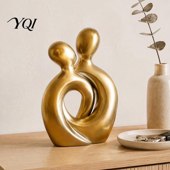 Minimalist Art Statue for Bedroom Nightstand Abstract Couple Statue, Gold Resin Figurine Home Decor, Modern Table Embracing Romantic Atmosphere