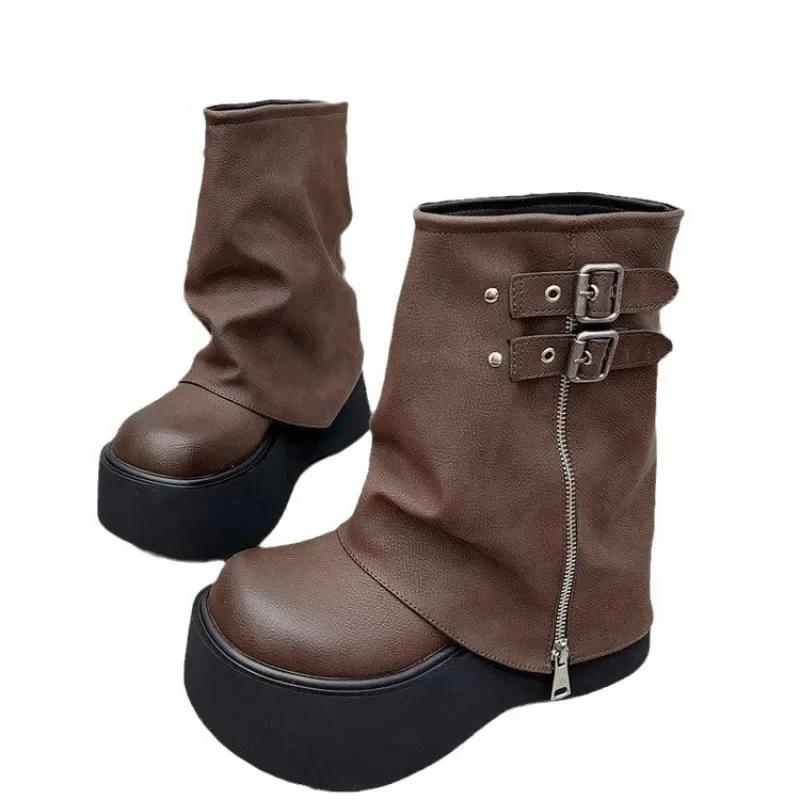 Модные панк-сапоги для женщин, сапоги на платформе, элегантные панк-сапоги на молнии, 2024, новые кожаные женские туфли с круглым носком, обувь для мотоциклистов