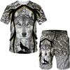 Summer Men's 3D Animal Print Set Greedy Moon Wolf Short Sleeve Bad Wolf Breathable Shorts T-shirt