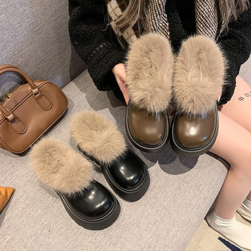 2025 Autumn and Winter New Korean Version of High-end Lazy Thick-soled Heightening Cotton Shoes Fashionable Versatile Plush Warm Fluffy Shoes