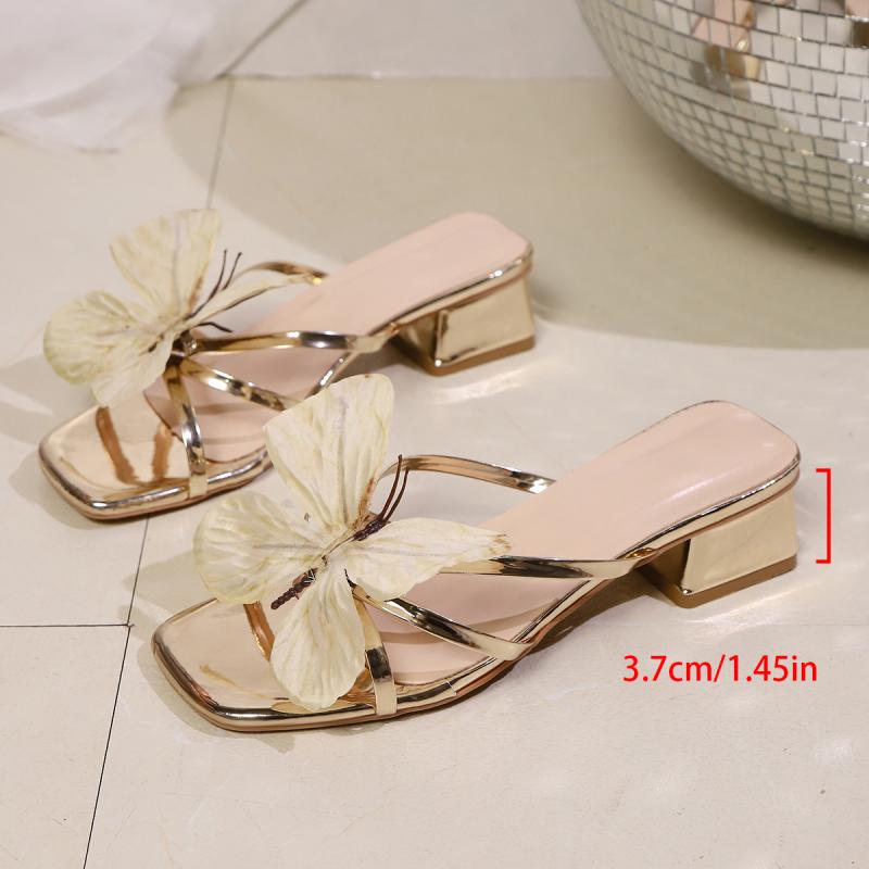 Дизайн бренда Сандалии с имитацией бабочки для женщин Лето 2025 Золотые с перекрестными ремешками Низкий каблук Шлепанцы Богемные туфли для платья