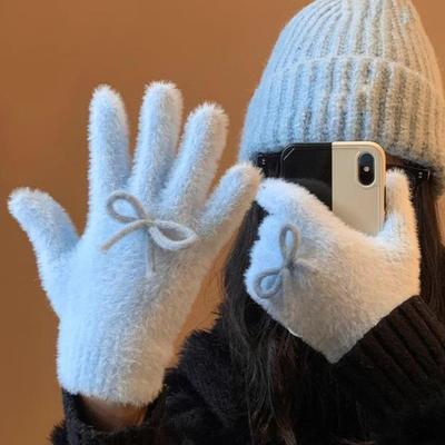 Женские пушистые термоперчатки, пушистые зимние толстые перчатки с полными пальцами и бантами