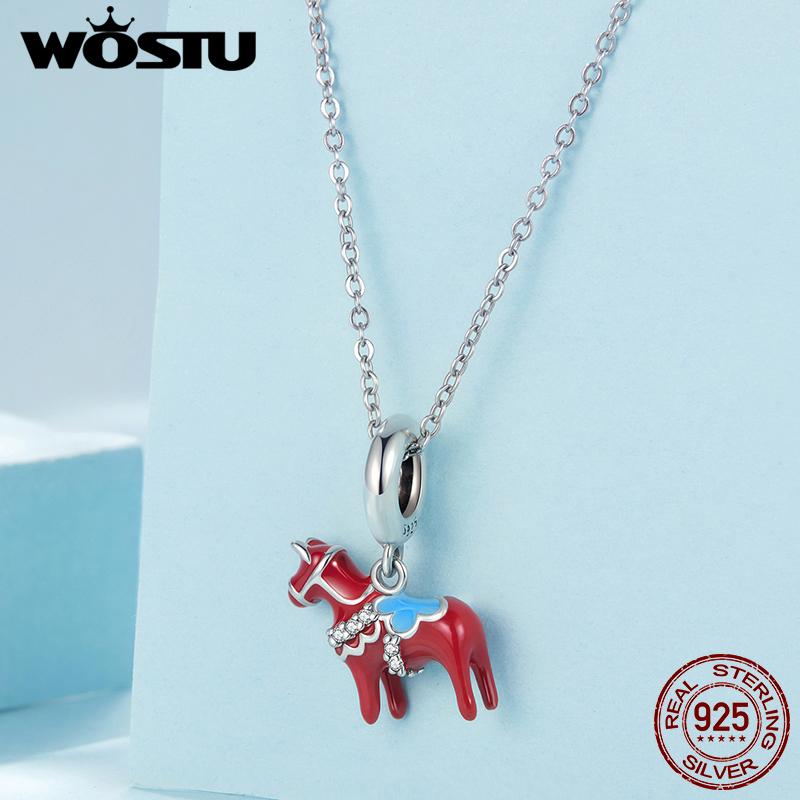 WOSTU 925 Sterling Silver Red Dalarna Horse Pendant Animal Charm Fit DIY Bracelet Necklace Women Family Daughter Jewelry Gift