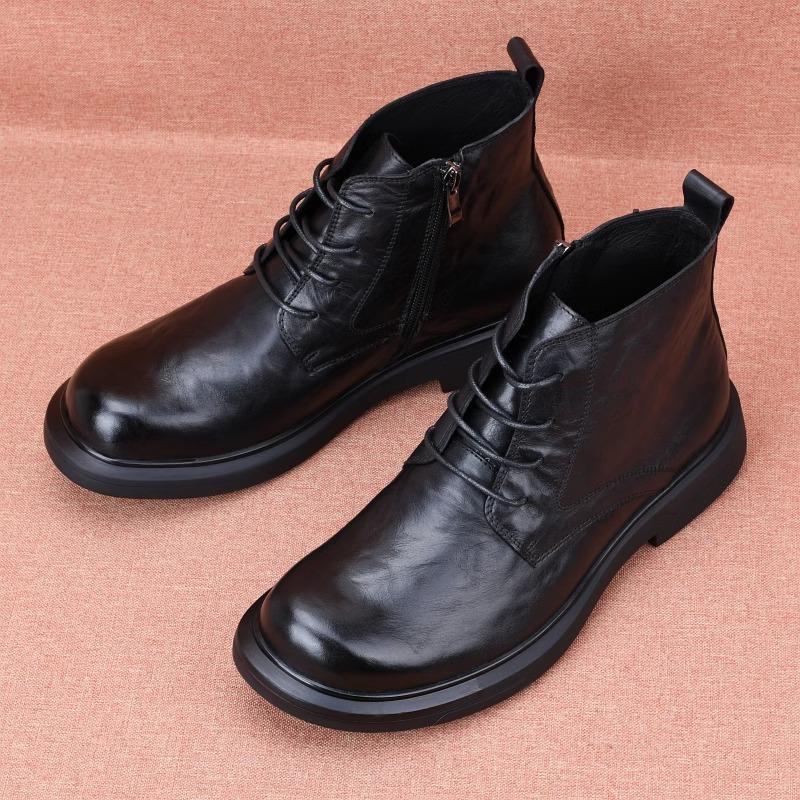 Men's first-layer cowhide autumn breathable winter velvet Martin fashion leather medium-top high-top leather shoes flowing leather boots short boots