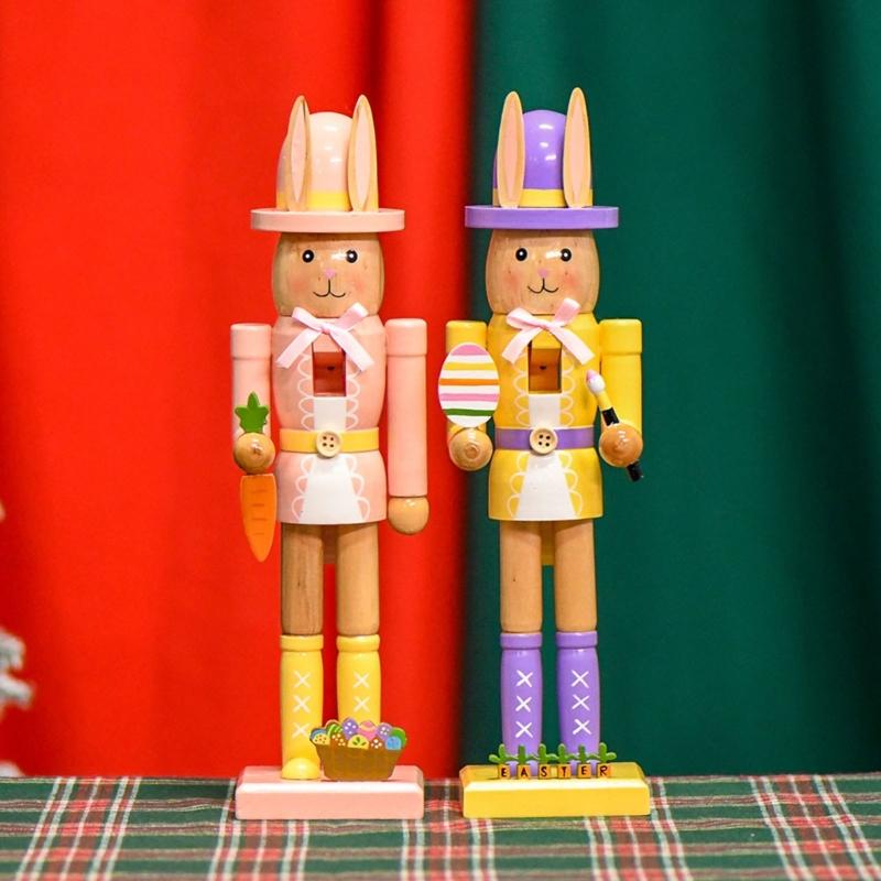 Artistic 12Inch Easters Rabbit Nutcrackers Wooden Figurine Ornament with Hat and Colorful Body for Holiday Decoration