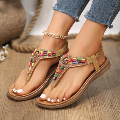 2024 Летние сандалии-гладиаторы с зажимом на носке, женские винтажные босоножки на плоской подошве в стиле бохо, женские, большого размера 43, нескользящие пляжные шлепанцы