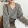 Женский пуловер с V-образным вырезом, женский свитер свободного кроя в корейском стиле на осень и зиму, новый ретро вязаный свитер