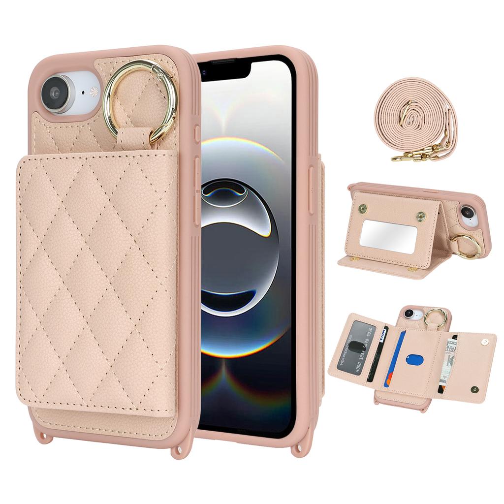 For iPhone 16e Case with Lanyard/Mirror/Card Holder Grids Pattern RFID Blocking Phone Cover