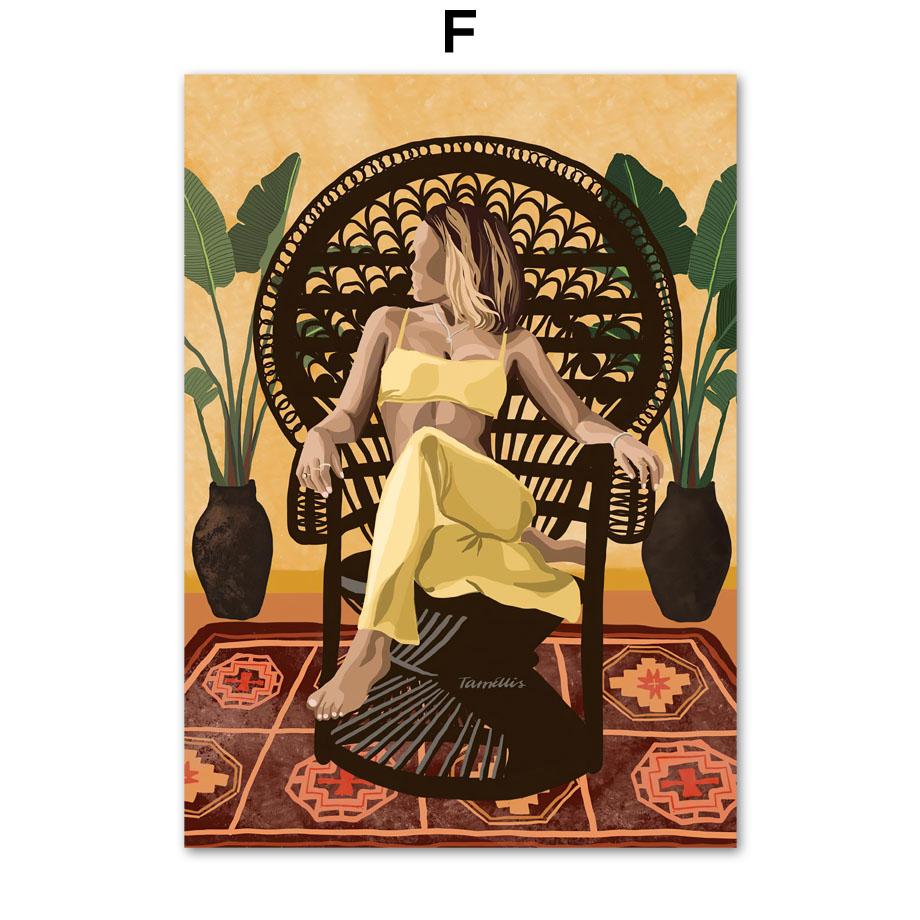 Абстрактная модная девушка, читающая йогу, отдых, пальмовый лист, скандинавский плакат, настенный художественный принт, холст, картина, Декор, фотографии для гостиной