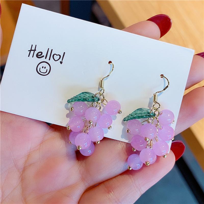 Kiss Jewelry Сладкие Женские Корейская Мода Фрукты Серьги Девочки Зеленый Фиолетовый Виноград Бисерные Висячие Серьги INS Аксессуары Вечеринка Подарок
