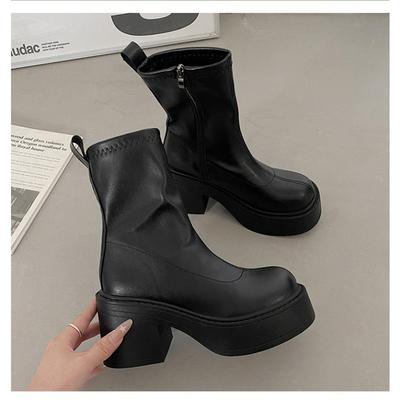 Кожаные ботильоны на массивной платформе для женщин, с задней молнией, на толстом каблуке, короткие ботинки для женщин, супер высокие каблуки, черная обувь для дам