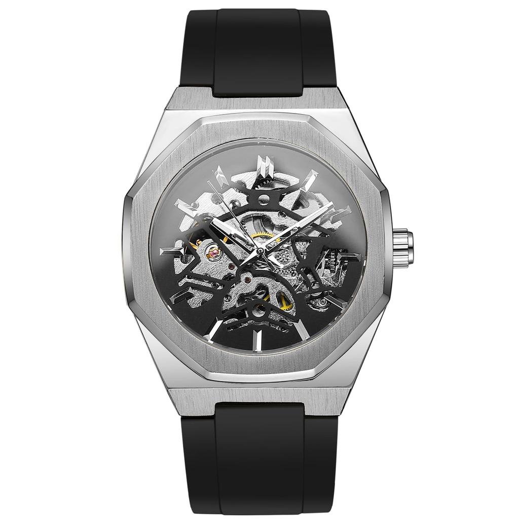 Мужские скелетонизированные автоматические механические часы BOLYTE со светящимися стрелками, черным силиконовым ремешком, восьмиугольным корпусом, серебристо-черные, в военном стиле