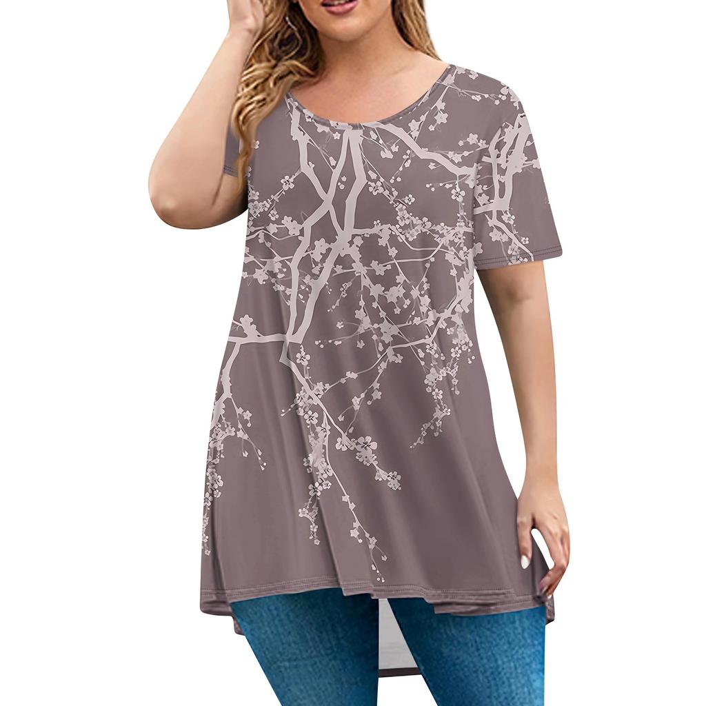 Women's Fashion Large Size Round Neck Short Sleeve Casual Print Loose Pullover Top