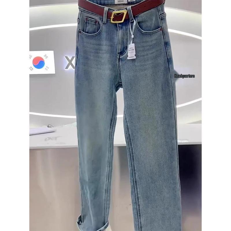 Джинсы больших размеров с высокой посадкой, на флисовой подкладке, с широкими штанинами для женщин - Осень/Зима 2024, стройнящий стиль