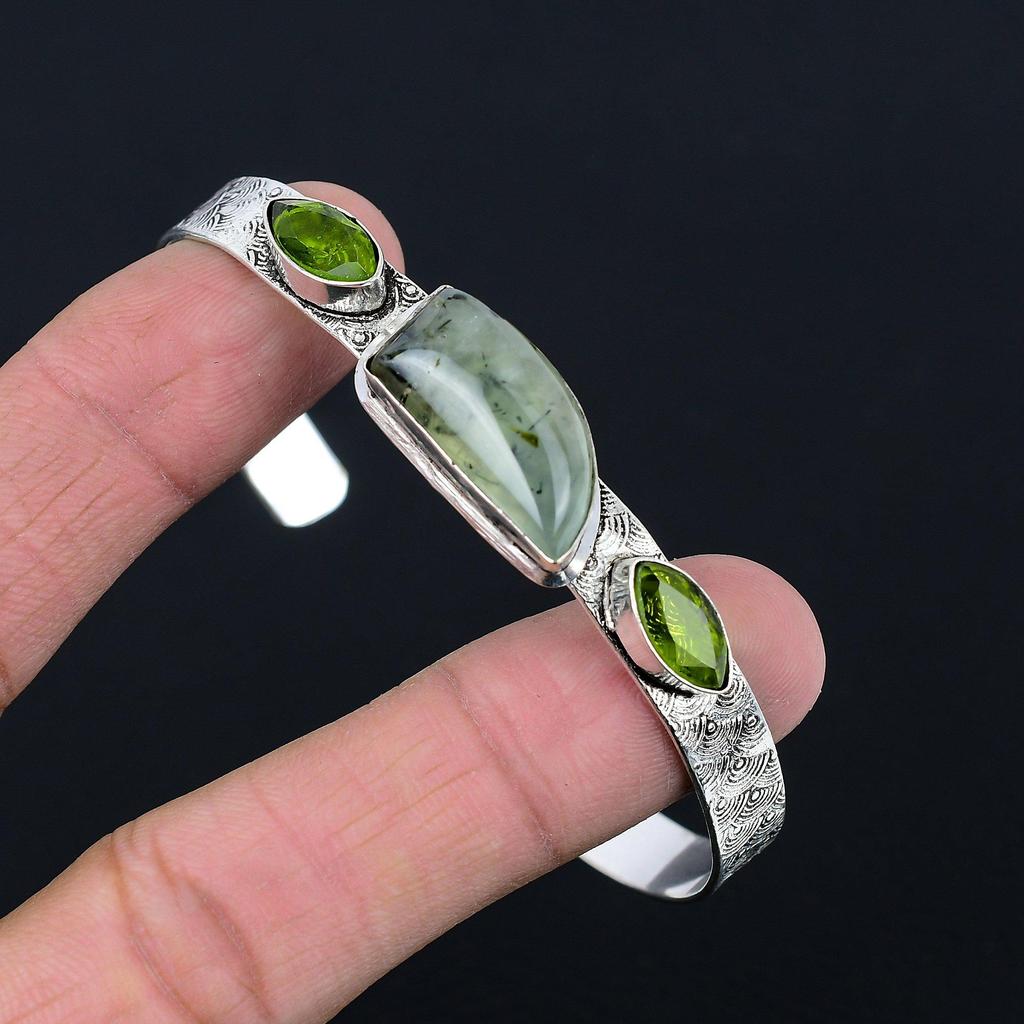 Daughters Day Sale Natural Moss Prehnite Peridot Sterling Silver Bangle Jewelry