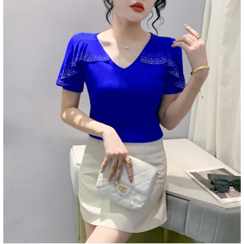 New Summer Streetwear Girl Chic Ruffled Hot Diamonds T-Shirt Fashion V-Neck Short Sleeve Mesh Tops Women's Tees Clothes Blouse