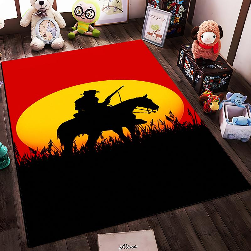 Cowboy Silhouette at Sunset Rug Design Non-slip rug suitable for living room and bedroom sofas.