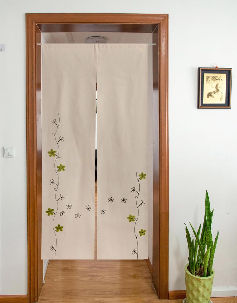 YURLISA Летняя и Зимняя Стильная Занавеска с Цветочной Вышивкой Ширина 68см x Длина Весенняя, Льняного Стиля (Зеленая вышивка, 150см)