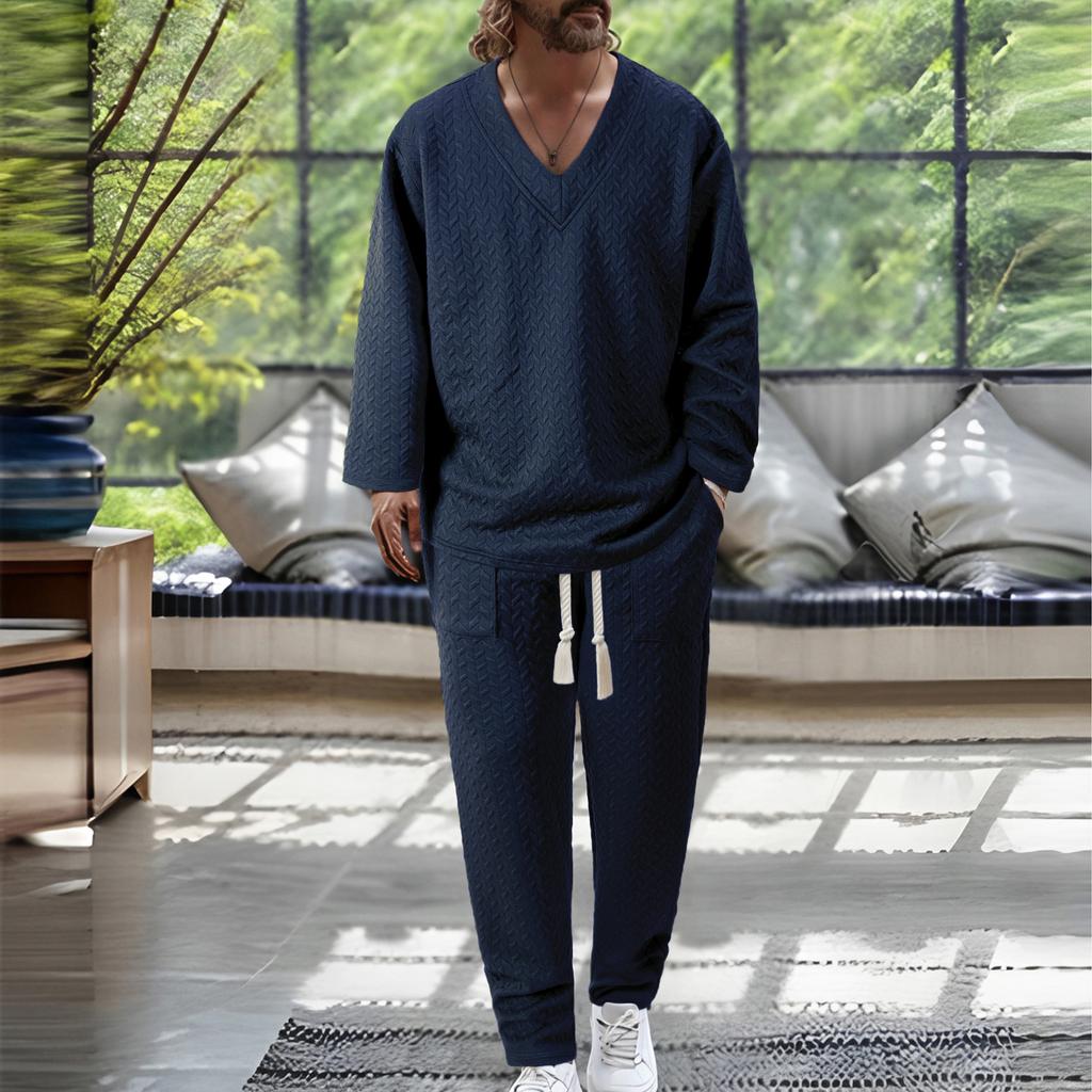 Осенний повседневный мужской текстурированный однотонный пуловер с V-образным вырезом, с короткими рукавами, комплект брюк с карманами на кулиске