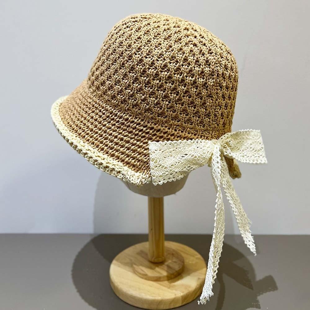 Temperament Knitted Bucket Hat Hollow Out French Style Bow Fisherman Hat Breathable Solid Color Sun Protection Cap Outdoor