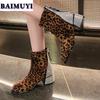 Leopard Crystal Women Snow Ankle Boots Suede Mid Heels Shoes Winter 2025 Luxury Brand Chelsea Boots Fashion Pumps Botas Mujer