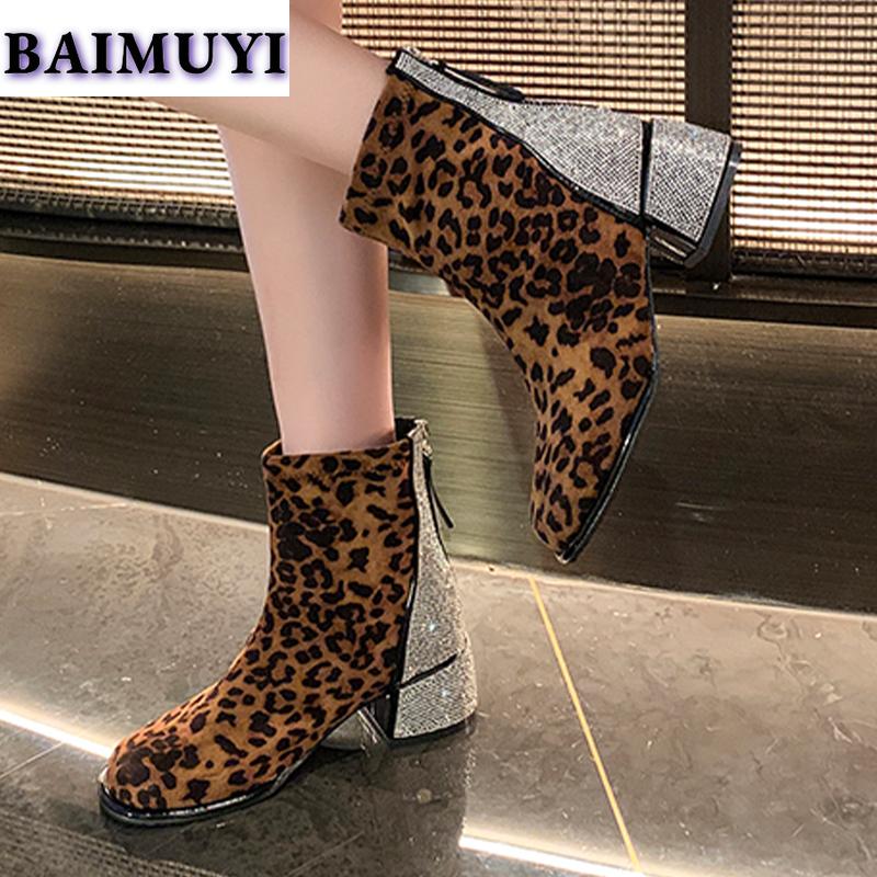 Leopard Crystal Women Snow Ankle Boots Suede Mid Heels Shoes Winter 2025 Luxury Brand Chelsea Boots Fashion Pumps Botas Mujer