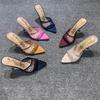 Summer Women's Slippers Sexy Pointed Toe Rhinestone Mesh Ladies High Heel Slippers Female Party Wedding Bride Shoes
