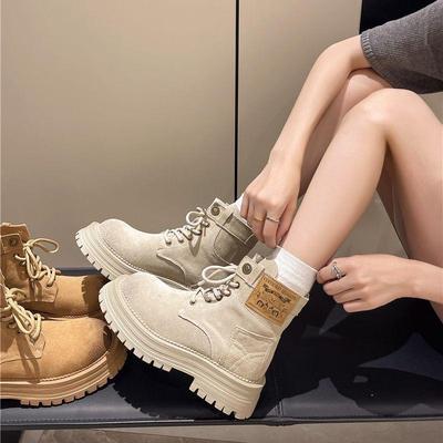 Женские бежевые мотоботы в британском ретро-стиле: Стройнящие, Толстая подошва, Увеличивающие рост, Идеально подходят для весны, осени и зимы.