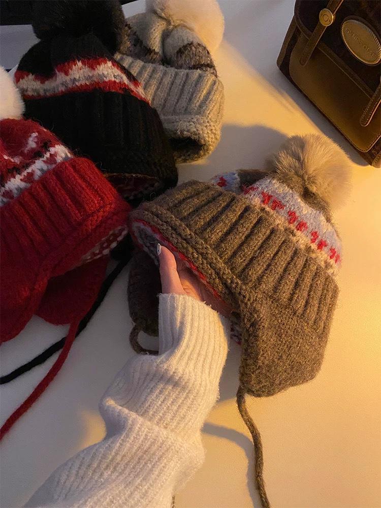 Женская вязаная шапка-бини с ушками в стиле Fair Isle - Теплая толстая шапка для осени и зимы