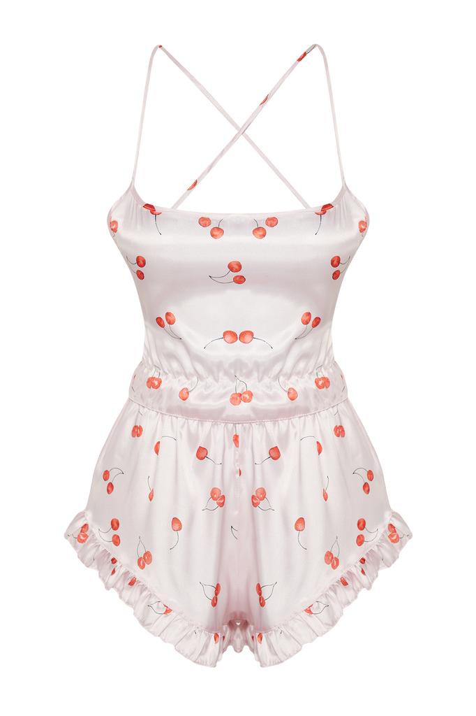 Women's Fashion New Pajama Set Powder-Multi-Colored Ruffle and Back Detailed Satin Athlete-Shorts Woven Pajama Set