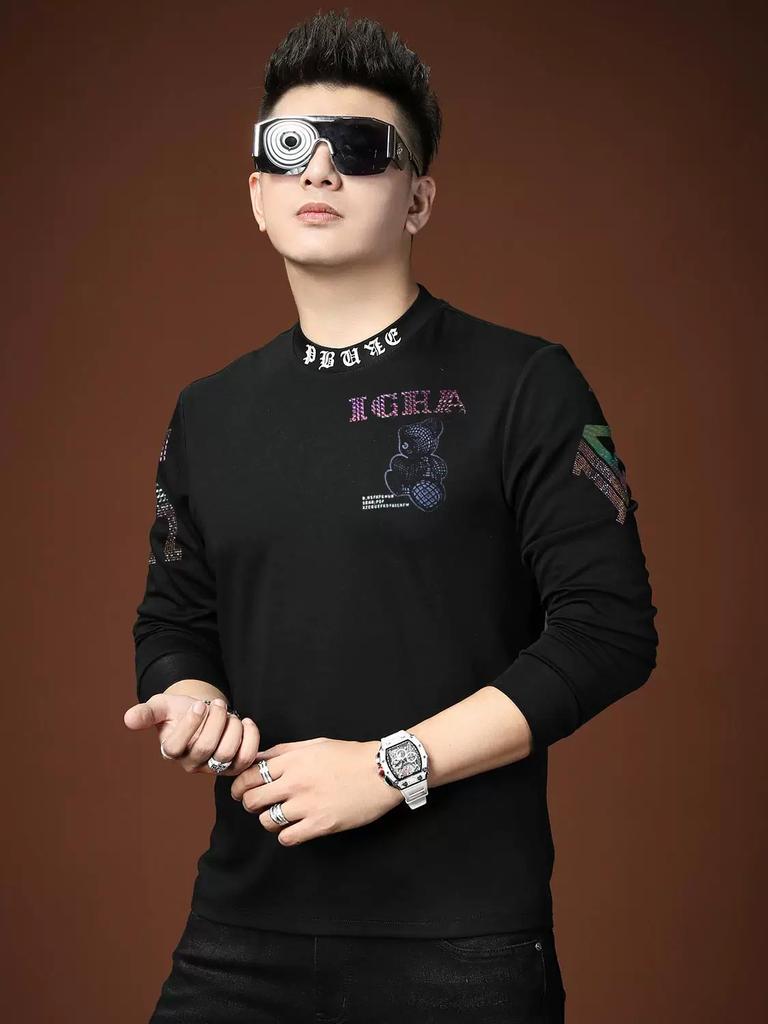 European Style Autumn Half-Turtleneck T-Shirt for Men, Trendy Bear Rhinestone Long-Sleeve Casual Top Men's Tee