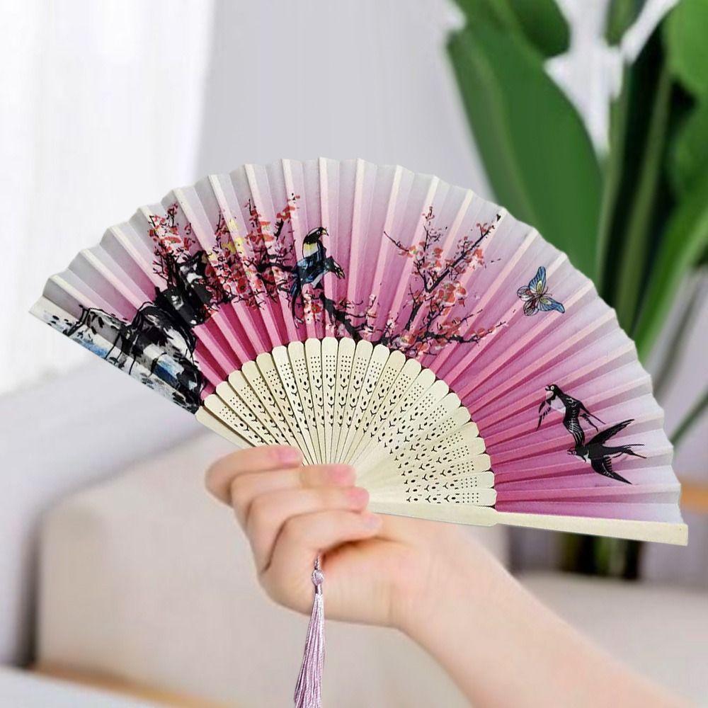 Silk Hand Fan Colorful Shank Classical Dance Fan Vintage Folding Fan Clothing Accessories