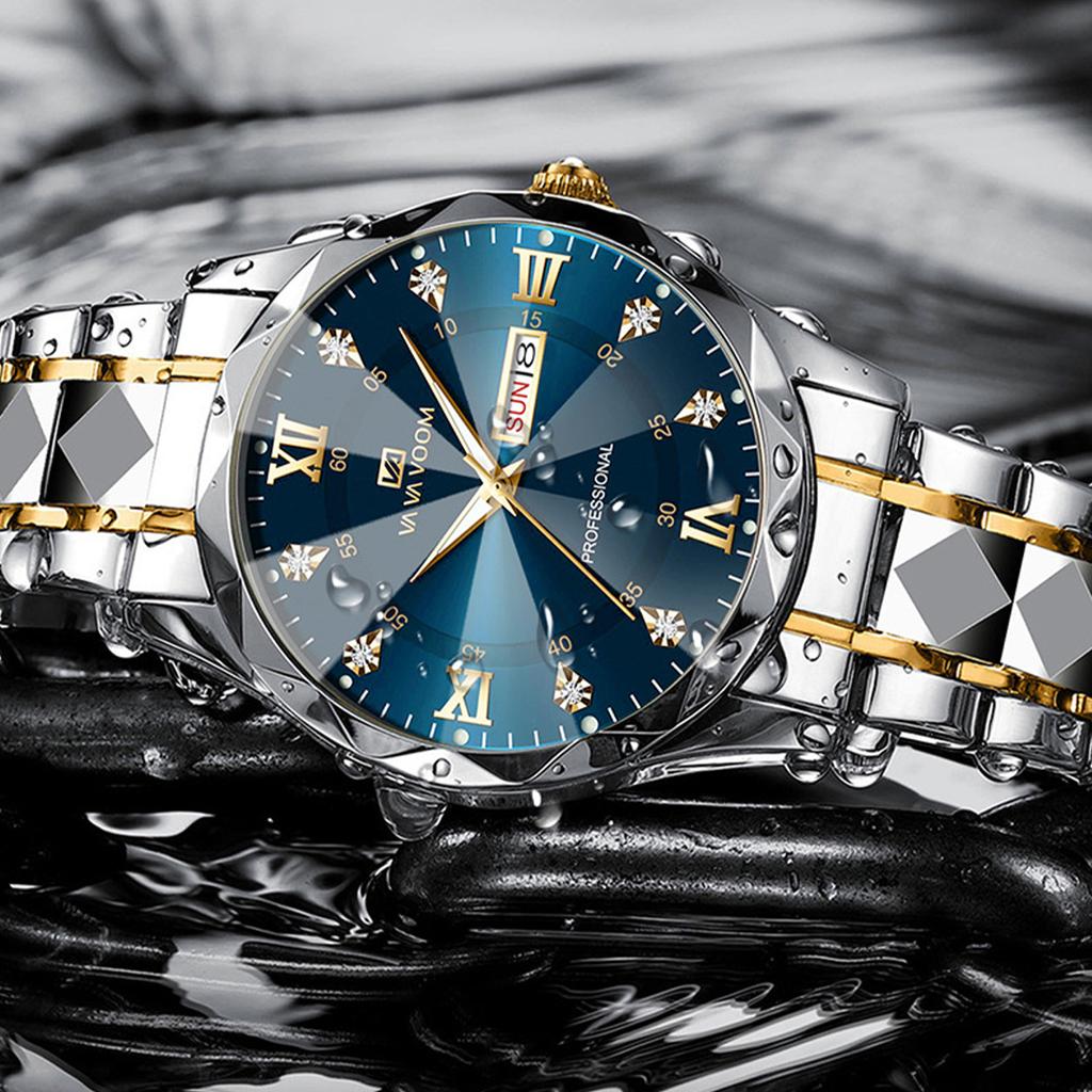 VA VA VOOM Роскошные мужские кварцевые часы, мужские 30 м, водонепроницаемые, со светящейся датой, неделей, мужские часы из нержавеющей стали, повседневные спортивные кварцевые часы, мужские часы + коробка