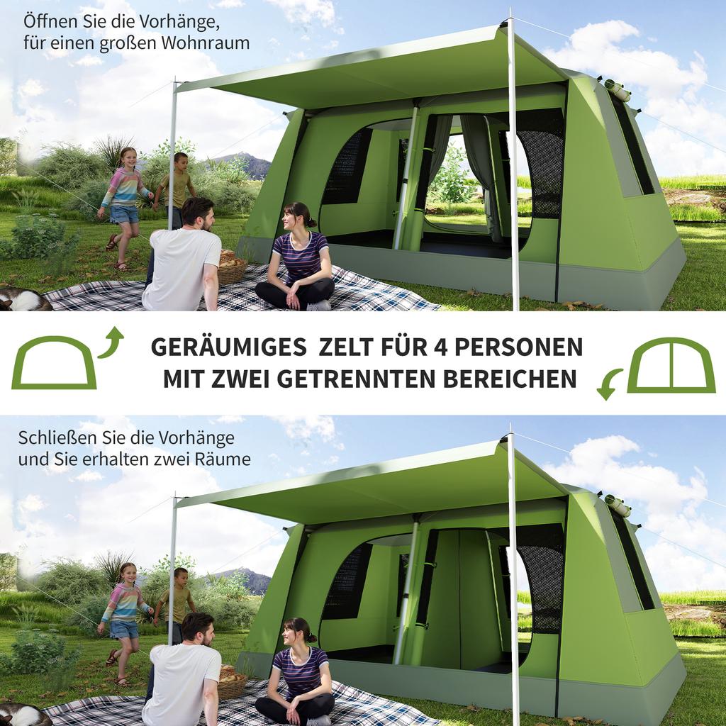 Tunnel Tent Camping Shelter w/ Porch, Two Rooms, Lamp Hook, Portable Carry Bag