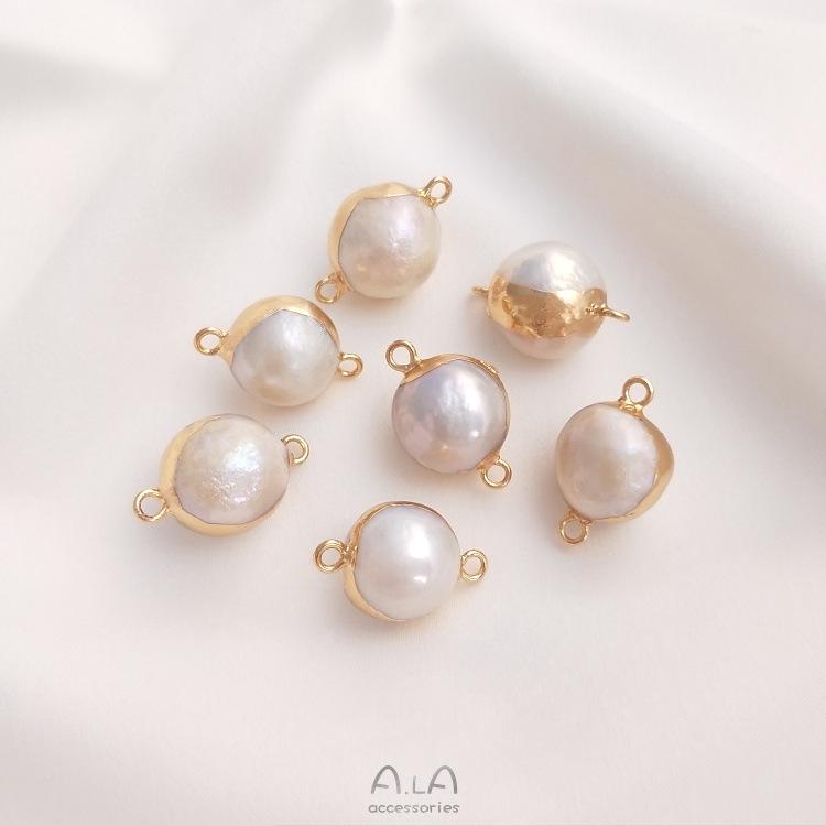 Натуральный барочный неправильной формы жемчуг с двумя отверстиями, рисовая бусина, плоская круглая подвеска для ручной работы, DIY, безельная оправа