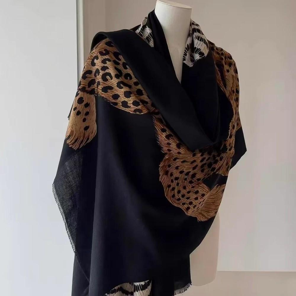 Fringed Edge Silk Scarf Leopard Print Fringed Shawl New Leopard Print Scarf Head Styling