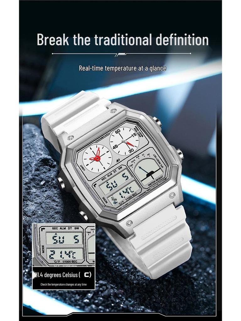 Sanda Temu Студенческие спортивные часы с измерением температуры, водонепроницаемые, двойной дисплей, многофункциональный квадратный дизайн