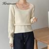 Hirsionsan Autumn Winter Simple Gentle Puff Sleeve Knitted Pullovers Female Casual Square Neck Soft Sweater Women Loose Solid Commuter Jumper